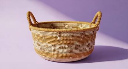 Handwoven wicker basket with handles on a pastel background