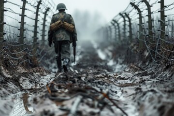 Soldier walking through barbed wire fence, symbolizing struggle and resilience in war environment