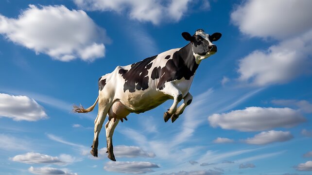 A black and white cow is jumping high in the blue sky with white clouds