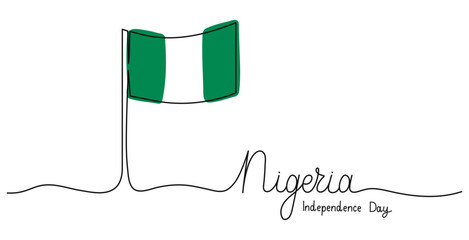 Nigeria independence day text banner template. Editable stroke hand drawn lettering. Outline drawing with typography for poster card. One continuous line art background with flag