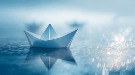 Obraz premium A serene paper boat floating on calm water in a dreamy misty atmosphere.