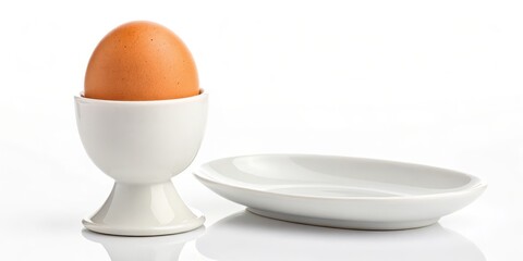Boiled Egg in White Ceramic Egg Cup with Dish Still Life Photography, Porcelain, Breakfast, food styling Egg cup, breakfast