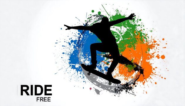 Dynamic silhouette of a skateboarder in action, set against a vibrant splash art background.