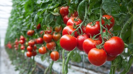 Juicy Red Tomatoes Hanging on Vibrant Vines Inside a Lush Greenhouse