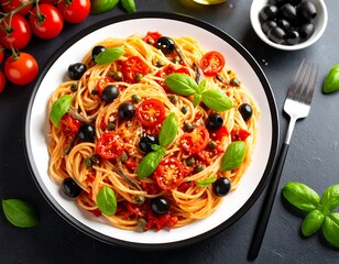 Plate of spaghetti with tomatoes, olives, and herbs