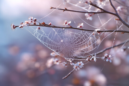Delicate spider web with dew drops on flowering cherry blossom branch water droplets flowering branch - Powered by Adobe