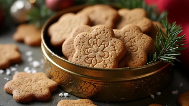 Close-up ornate metal tin box filled traditional gingerbread cookies showing intricate embossed lid design golden brown cookies inside

