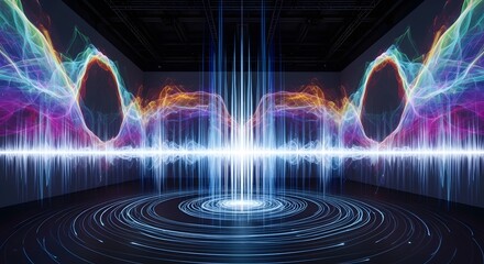 Abstract sound wave visualization with glowing lights and circular patterns on floor