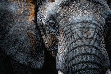 Fototapeta premium Majestic Elephant Face: Close-up of a Big African Creature with Extended Ears and Intense Eyes