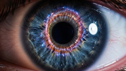 Close-up of a human eye with a galaxy-like iris, showcasing intricate details and cosmic colors. - Powered by Adobe