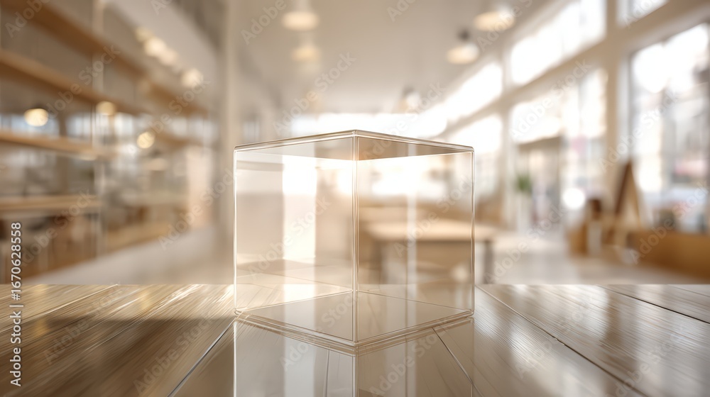 Wall mural a transparent display box on a wooden table in a modern open space environment.