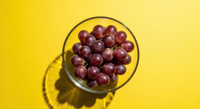 Fresh red grapes in glass bowl on bright yellow background - Powered by Adobe
