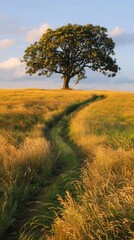 Fototapeta premium Tranquil tree on golden meadow with path at sunset creating peaceful, scenic vibes for projects