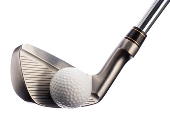 Golf club head about to strike white golf ball isolated on a transparent background