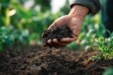 Farmer's Hand Examining Soil Quality for Healthy Planting in Organic Agriculture