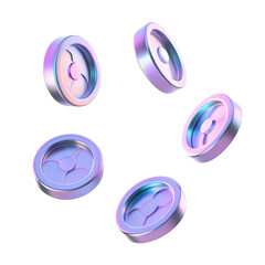 set of flying purple coins holographic Iridescent 3d render icon isolated on transparent background cutout