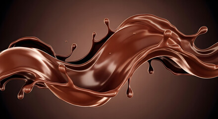 Glossy Chocolate Ribbon in Motion, melted chocolate dripping on brown background