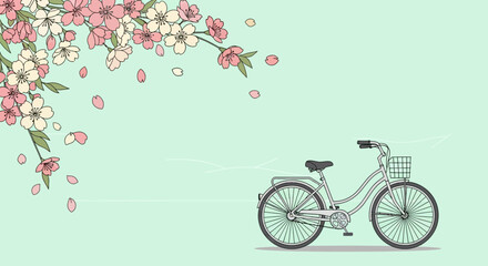 Whimsical Spring Bicycle Ride Beneath Falling Cherry Blossoms In Gentle Pastel