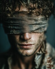 Conceptual Close-up Portrait of a Man with a Textured Blindfold and Gritty Aesthetic – Representing Sensory Deprivation, Inner Struggle, Resilience, or Authentic Human Experience
