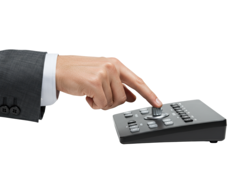 Professional hand pressing button on sleek black control device against transparent studio background, bright soft lighting. Concept of control and strategic action