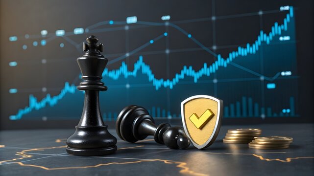 A chess king, shield, and coins on a table with a stock market graph in the background, symbolizing business strategy, financial security, and investment success - Powered by Adobe