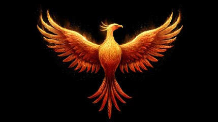 Obraz premium A vibrant, fiery phoenix, with outstretched wings, takes flight against a dramatic black backdrop.