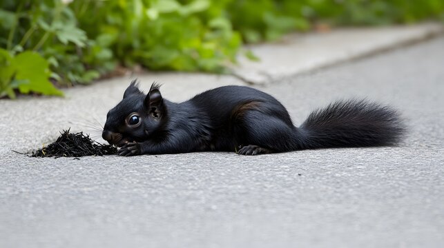 Adorable Black Squirrel Eating on Asphalt Road
