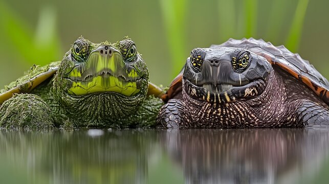 Two Turtles Close Up Portrait in Water Nature Wildlife