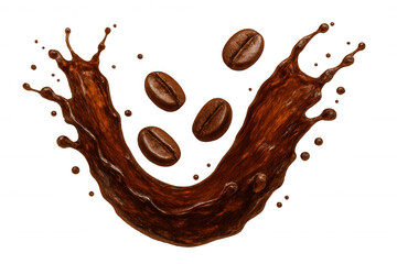Dynamic splash of coffee with coffee beans, isolated on transparent background, ideal for beverage and coffee-related designs
