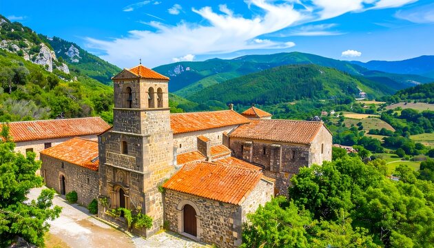 A picturesque view of a historic monastery nestled in a valley, surrounded by rolling hills and lush greenery, showcasing its terracotta-tiled roofs and stone architecture under a vibrant blue sky. - Powered by Adobe