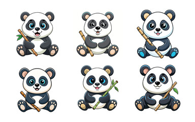 Fototapeta premium Adorable Panda Bears with Bamboo Collection Cartoon Illustration