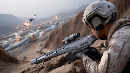 Fototapeta premium Soldier with a rifle observes a distant group while drones hover above in a remote landscape during sunset