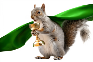 Gray squirrel superhero in green cape holds trophy isolated on a transparent background