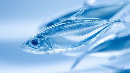 Close-up of a fish swimming in clear blue water, showcasing its vibrant details.