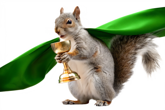 Gray squirrel superhero in green cape holds trophy isolated on a transparent background - Powered by Adobe