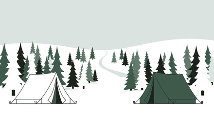 Obraz premium Winter Camping Adventure Amidst Snow Covered Forest Landscape Graphic Art
