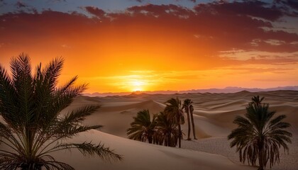 Obraz premium vibrant desert sunset over an oasis with lush palms and rolling dunes