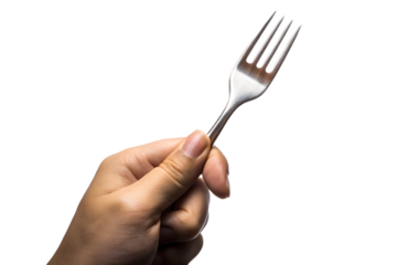 Hand holding silver metal fork with four tines isolated on a transparent background