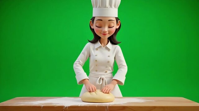 Chef kneading dough with love and skill for baking tutorials and cooking lessons on vibrant green screen