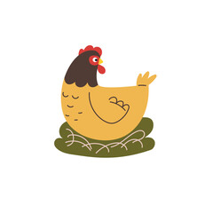 Cartoon hen sits in theу nest in trendy flat modern design. Chicken doodle drawing. Farm animal childish vector illustration isolated on white background.