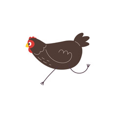 Cartoon hen running in trendy flat modern design. Chicken doodle drawing. Farm animal childish vector illustration isolated on white background.
