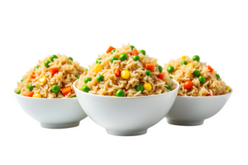 Delicious fried rice with vegetables in white bowls presented together on a dark surface transparent background