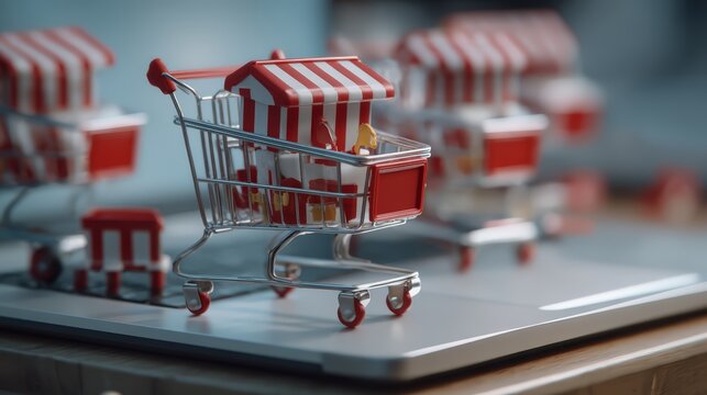 Close-up of miniature shopping carts on a digital surface, symbolizing e-commerce.