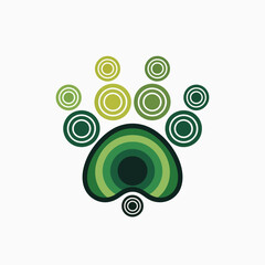 Stylized Paw Print Design in Shades of Green with Concentric Circles Modern and Abstract Animal Footprint Graphic