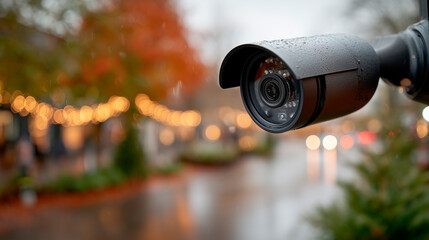 A close-up security camera gazes over a rainy urban street with warm bokeh lights in the background.