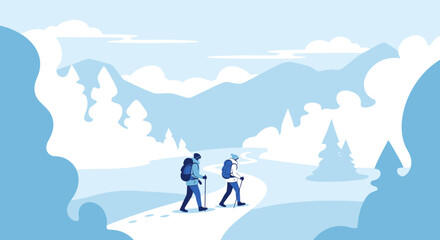 Winter Mountain Adventure Two People Hiking Snowy Landscape Illustration