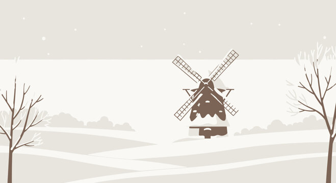 Winter Landscape With Windmill And Snowflakes In Minimalist Design Style