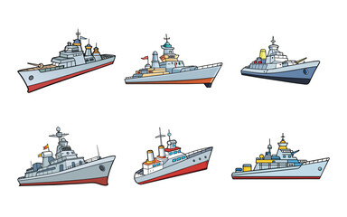Obraz premium Six Warships Different Designs Naval Vessels Military Ships