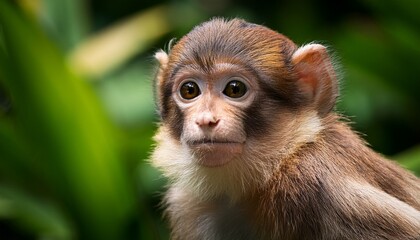 Obraz premium detailed portrait of a small monkey with brown fur and alert eyes against green foliage