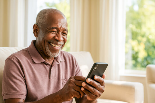 Smiling African American senior man with gray hair and beard wearing casual pink polo shirt sitting indoors and holding smartphone, portrait of happy elderly lifestyle, communication, technology use - Powered by Adobe